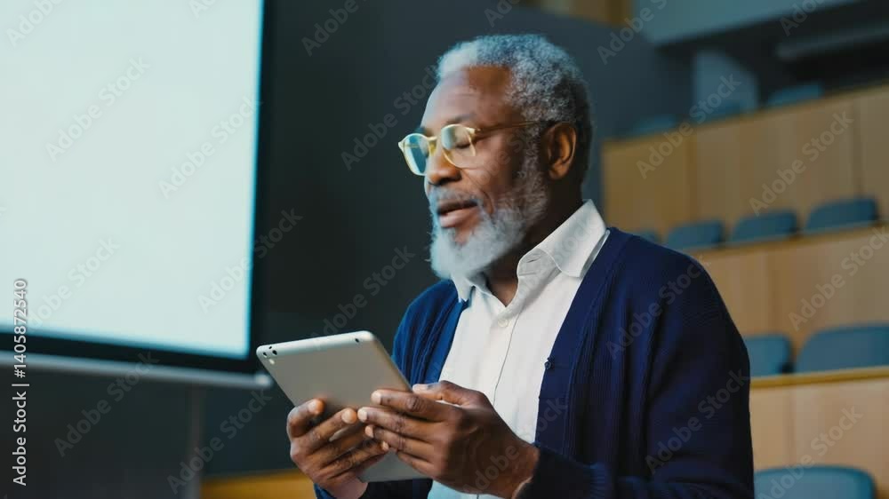 Poster A person with a long beard using a tablet computer.