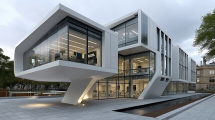 Fototapeta premium Modern office building showcases sleek design in urban environment with innovative architecture and vibrant workspaces