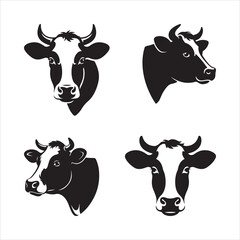 Cow Head Silhouette Vector Set Black and White Farm Animal Face Illustration