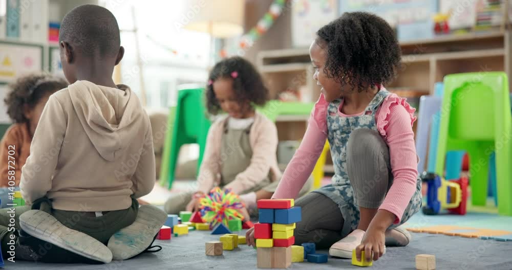 Poster Girl, student and play with blocks in classroom for learning, problem solving and creative activity. Child, kids and building stack of education game, puzzle solution and motor growth in kindergarden