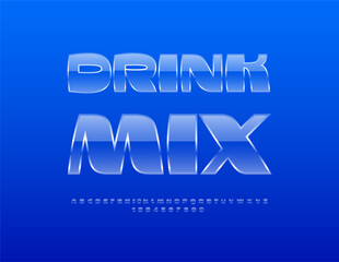 Vector Advertising poster Drink Mix. Glass style Font. Modern Transparent Alphabet Letters and Numbers set.
