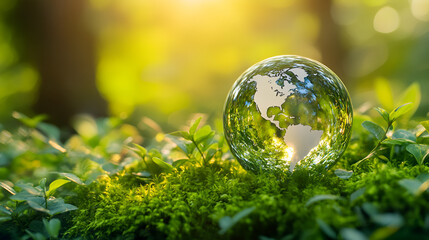 Crystal globe glass on green moss in forest
