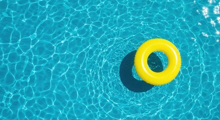 Blue swimming pool with yellow ring float creating tropical summer vacation vibe
