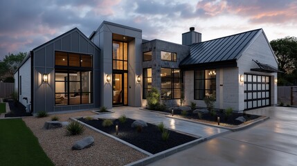 Modern farmhouse exterior showcases stunning design elements against a vibrant dusk sky filled with pink and blue hues