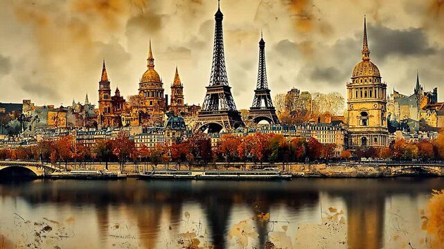 Autumnal Parisian Panorama: Eiffel Tower and Seine River Reflection
