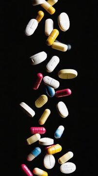 Assorted pills falling against a black background.  Possible use Medical stock photography