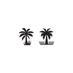 Fototapeta premium Two Tropical Palm Trees Silhouettes.Simple, black and white silhouette of two palm trees, one with a traditional palm trunk shape and another with a more stylized, possibly stylized or unusual, trunk.