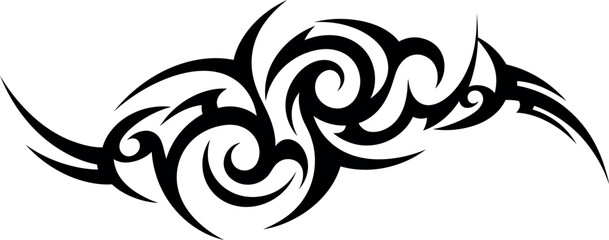 Intricate tribal swirl design in bold black lines showcasing fluid patterns and curves in minimal vector art