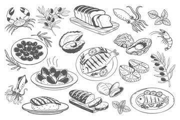 Set of hand drawn simple Mediterranean food. Fish seafood oysters cheese olives bread. Sketch, illustration for cafe or restaurant menu design.