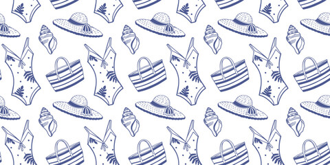 Summer beach seamless pattern with swimsuit, beach bag, sun hat, and seashell. Vacation background, tropical print.
