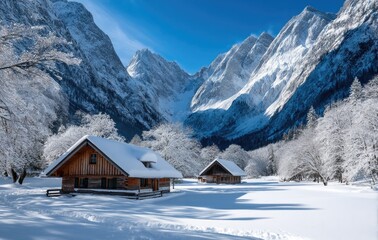 Fototapeta premium A panoramic view of the Alps in winter, with snow-covered mountains and alpine chalets nestled among pine trees.