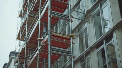 Scaffolder assembling scaffolding around a building. Featuring teamwork and safety