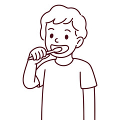 Line art illustration of young boy brushing teeth as part of daily dental hygiene routine