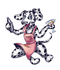 A delicate pencil sketch of a funny Dalmatian puppy barista, barman with cocktail and shaker. In the café.  Hand drawn illustration, sticker on transparent background 