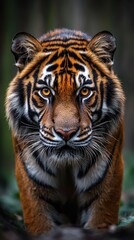 Obraz premium A striking tiger portrait showcases its amber eyes and intricate stripes, conveying power & intensity
