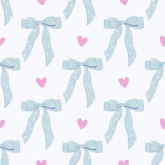 Bows seamless pattern. Cute romantic polka dot bows and hearts ornament. Vintage ribbon print for party decoration, gift wrapping, textile. Hand drawn flat design vector illustration.
