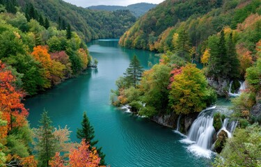 Obraz premium Plitvice National Park in Croatia, featuring autumn colors, a waterfall, lush greenery, and blue water.