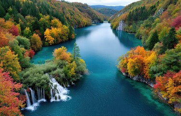 Naklejka premium Plitvice National Park in Croatia, featuring autumn colors, a waterfall, lush greenery, and blue water.