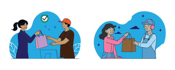 Fototapeta premium Delivery man, courier, postman giving paper bag with order to customer. .Customer Service & Delivery Illustration – Friendly E-Commerce Interaction in Flat Vector Style