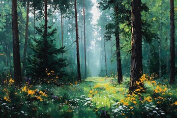 Fototapeta premium Vibrant summertime forest bright sunlight sparkling on a carpet of lush green undergrowth accented by delicate wild blooms and gentle shadows