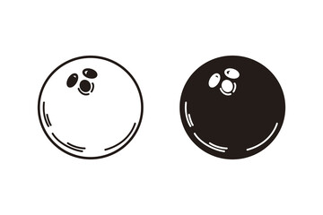 Bowling ball icon pair in outline and filled style, hand-drawn black and white illustration.