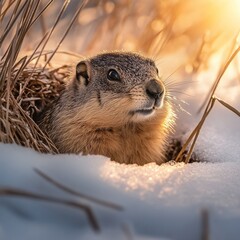 Obraz premium February Groundhog Day Whimsical Groundhog Peek Whimsical groundhog peeking from a snowy burrow shallow depth of field frost covered grass warm sunrise backlighting