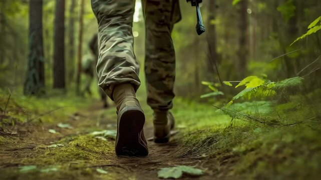 Soldiers Walking Through Lush Forest Path