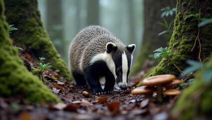 Obraz premium Adorable Badger in a Misty Forest