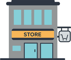 Simplistic storefront design featuring a modern building with a clear sign and minimal details in vector art