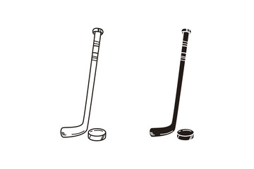 Hockey stick and puck icon set in black and white hand-drawn style for sport illustrations.