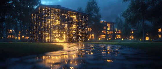 Fototapeta premium Glowing building reflects in water after rain, surrounded by grass and trees, under dark skies