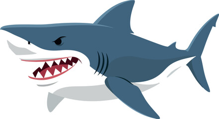 Fierce-looking shark swimming in a vibrant ocean, minimal vector art