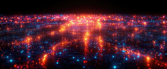 Aerial view of glowing red and blue city lights sparkle against the dark horizon backdrop