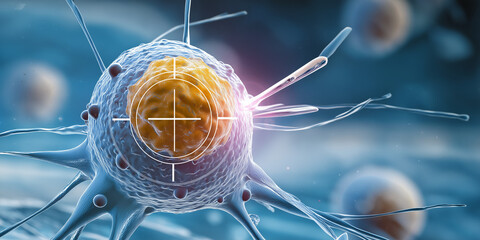 Cancer cell under microscope with yellow core and targeting crosshair
