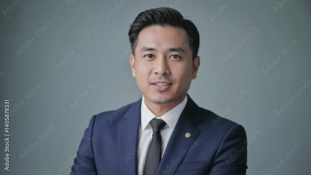 Poster man in suit and tie with friendly expression, suitable for business or professional use.