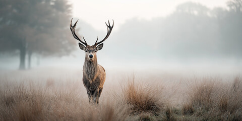 Stag in misty meadow with antlers and soft focus forest background
