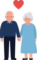 Obraz premium Elderly couple holding hands in love, flat design, heart symbol, vector art