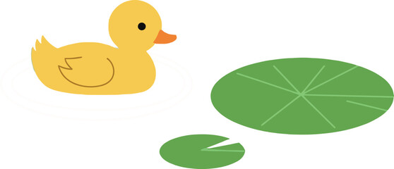 Fototapeta premium A cheerful yellow duck swimming beside a green lily pad in flat vector art