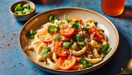 Pasta Delight: A culinary masterpiece showcasing a vibrant plate of pasta, adorned with fresh tomatoes, green herbs, and savory ingredients, presented for visual appeal