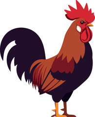 Fototapeta premium Colorful rooster standing proudly with detailed feathers in a minimal flat design vector illustration