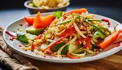 Culinary Fusion: A vibrant plate showcases a fresh, colorful culinary creation, blending the artful arrangement of ingredients. It's a symphony of textures and flavors.