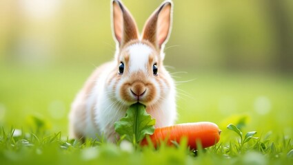 Adorable Baby Bunny Eating Carrot in Springtime