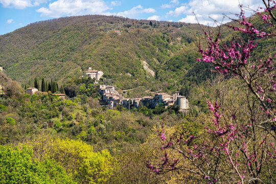 Panoramic view of Montenero Sabino, beautiful village near the Turano Lake, in the province of Rieti, Lazio, Italy.