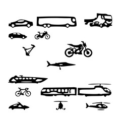 Black and White Transportation Icon Set - Cars, Bikes, Trucks, Helicopters, and Yachts in Vector Art