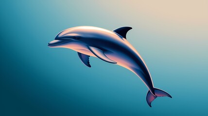 Fototapeta premium A graceful dolphin swims elegantly in a blue-toned sea, showcasing its sleek form and agility. The dolphin is in a natural environment and the image captures its movement