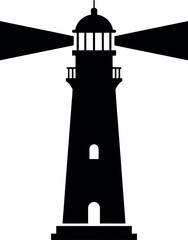 Lighthouse silhouette standing tall with beams shining brightly in a minimal flat vector art
