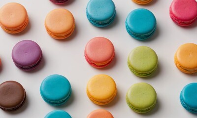 Obraz premium Colorful macarons arranged neatly on a white surface showcasing a variety of flavors and colors in bright hues, perfect for a dessert table or pastry display at any event