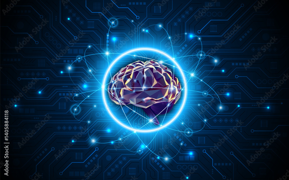 Fototapete Artificial neural network or artificial intelligence brain with technology circuit board. Digital brain science for future learning. modern technology innovation concept background