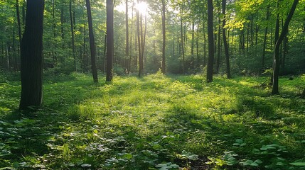 Obraz premium Vibrant lively forest fresh new leaves and subtle rays of sunshine capturing the rejuvenating spirit of nature in mid spring