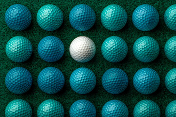Array of blue golf balls on green surface, single white ball in center, showcasing uniqueness, standing out from the crowd, competitive spirit